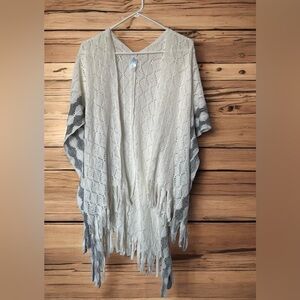 Just Be Knit Fringe Shawl Wrap OS Cream Gray Coastal Cowgirl Boho Ranch Style